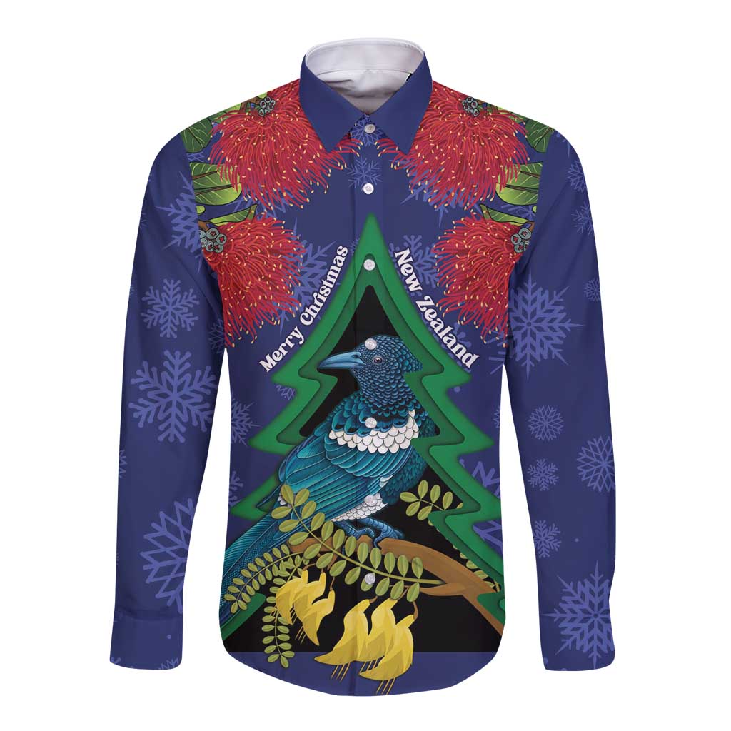 New Zealand Christmas In July Long Sleeve Button Shirt Kowhai Tui Bird With Pohutukawa - Blue