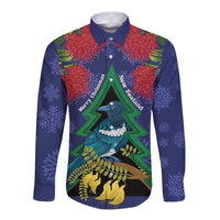 New Zealand Christmas In July Long Sleeve Button Shirt Kowhai Tui Bird With Pohutukawa - Blue