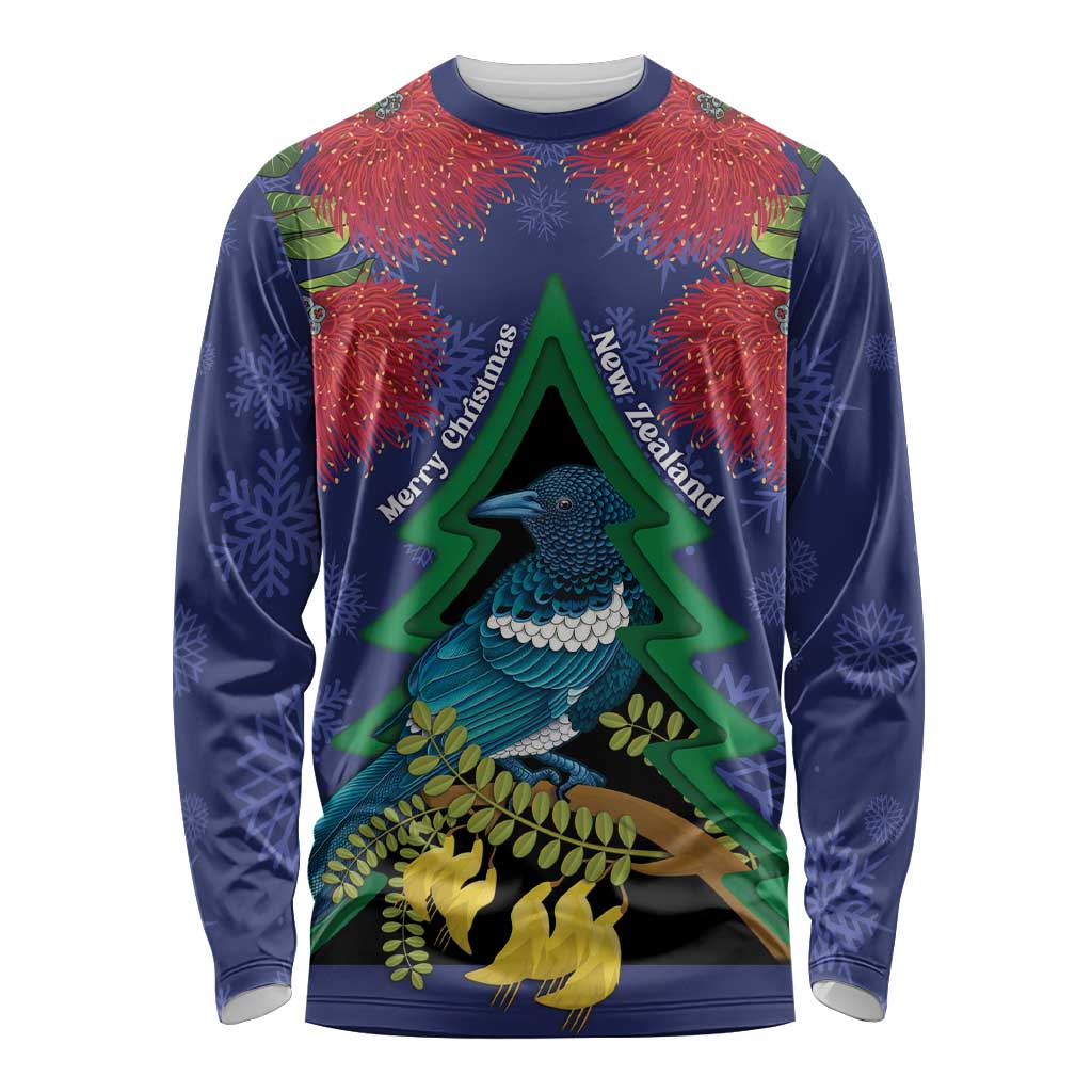 New Zealand Christmas In July Long Sleeve Shirt Kowhai Tui Bird With Pohutukawa - Blue