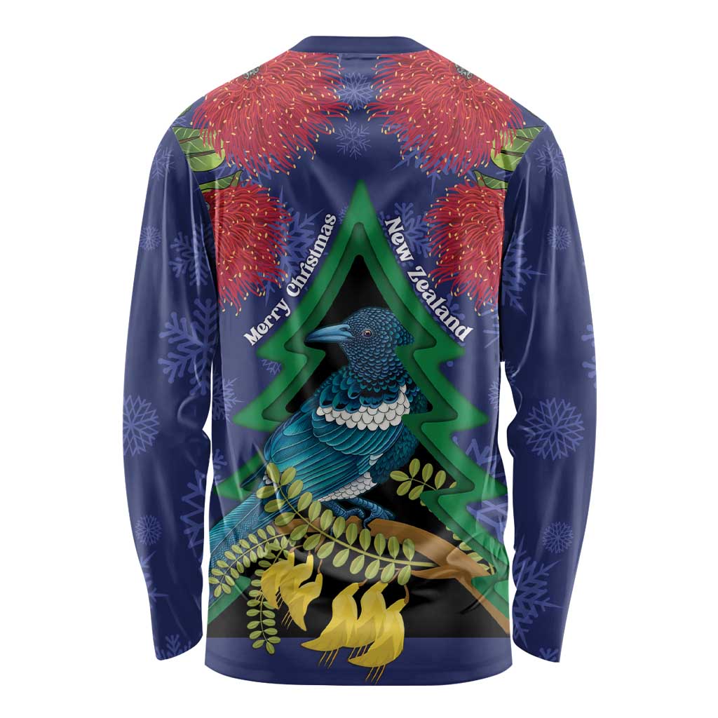 New Zealand Christmas In July Long Sleeve Shirt Kowhai Tui Bird With Pohutukawa - Blue