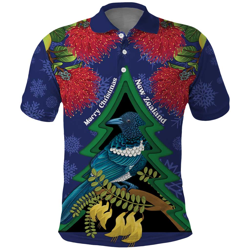 New Zealand Christmas In July Polo Shirt Kowhai Tui Bird With Pohutukawa - Blue