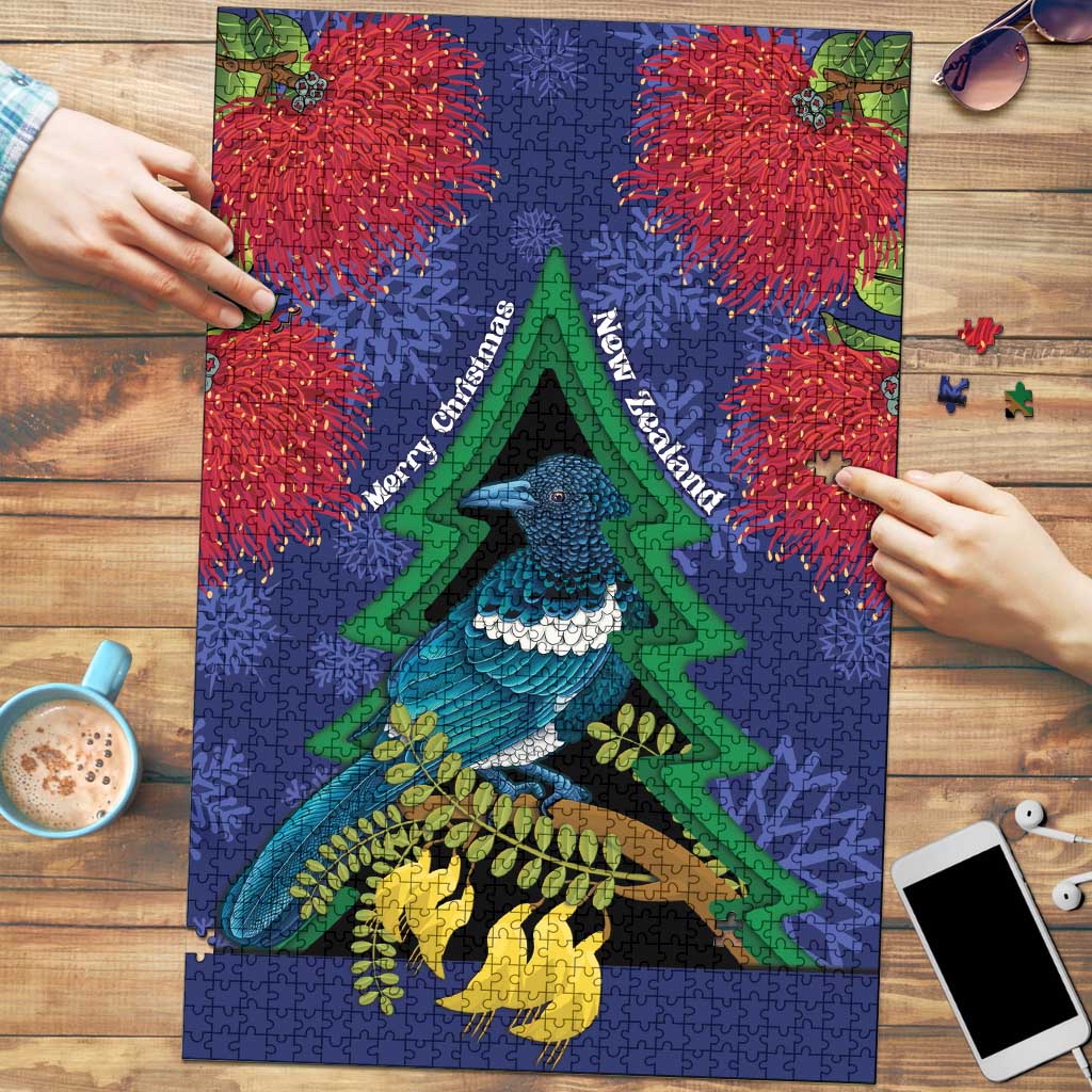 New Zealand Christmas In July Puzzle Kowhai Tui Bird With Pohutukawa - Blue - Polynesian Pride