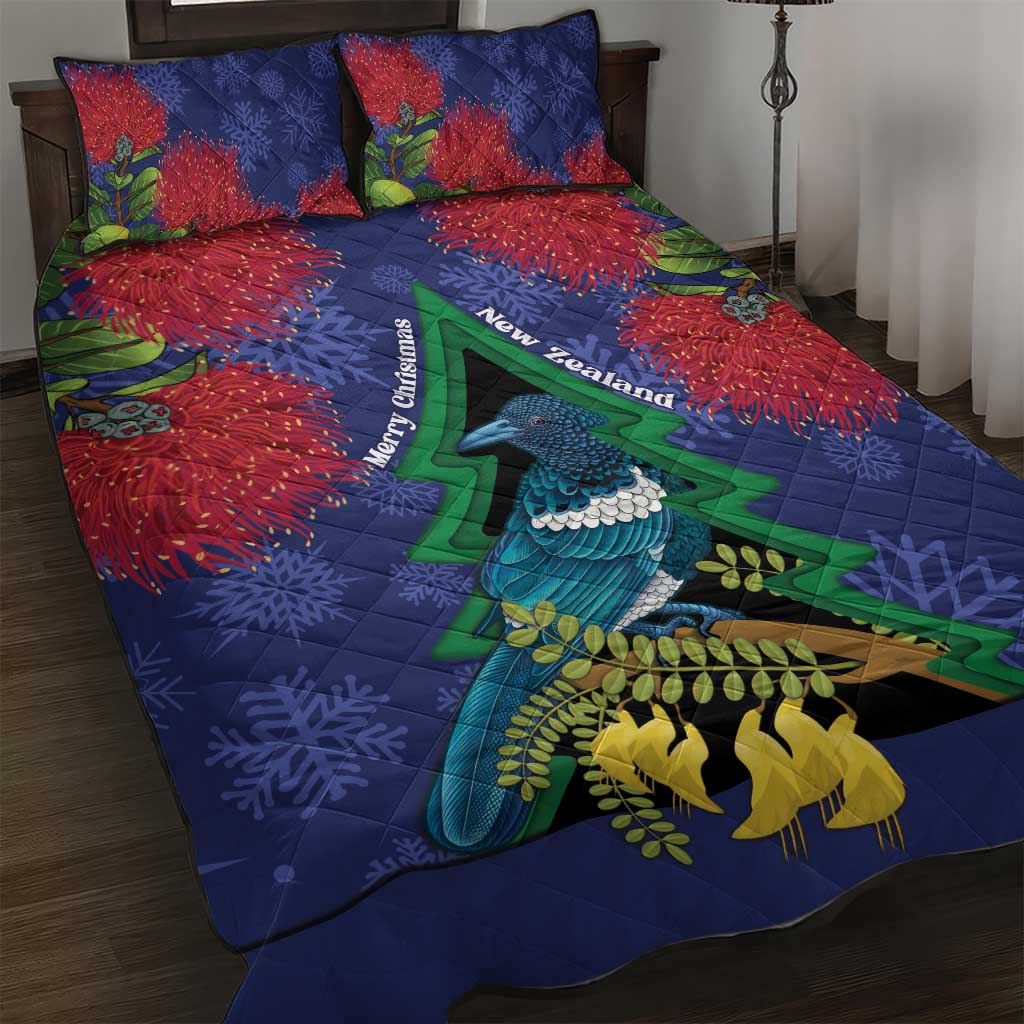 New Zealand Christmas In July Quilt Bed Set Kowhai Tui Bird With Pohutukawa - Blue