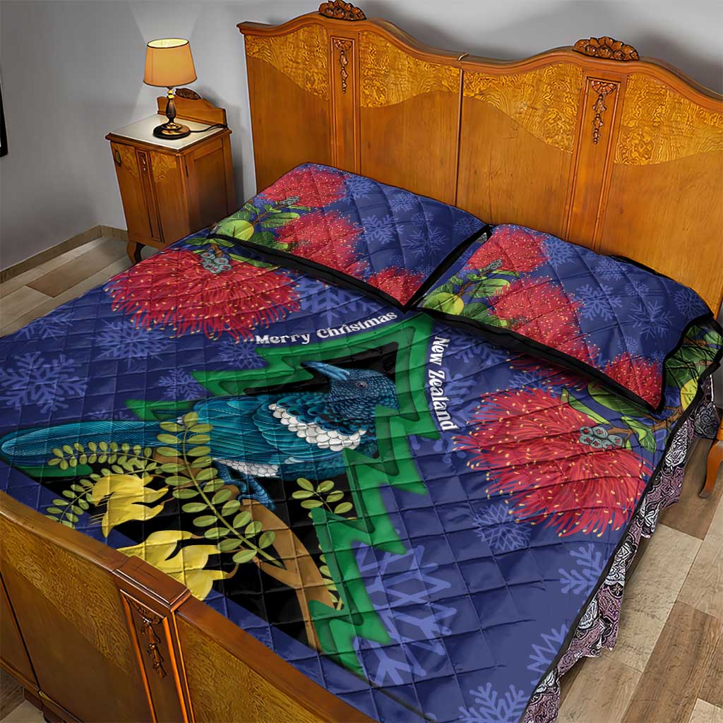 New Zealand Christmas In July Quilt Bed Set Kowhai Tui Bird With Pohutukawa - Blue