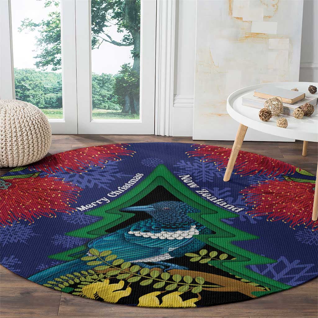 New Zealand Christmas In July Round Carpet Kowhai Tui Bird With Pohutukawa - Blue
