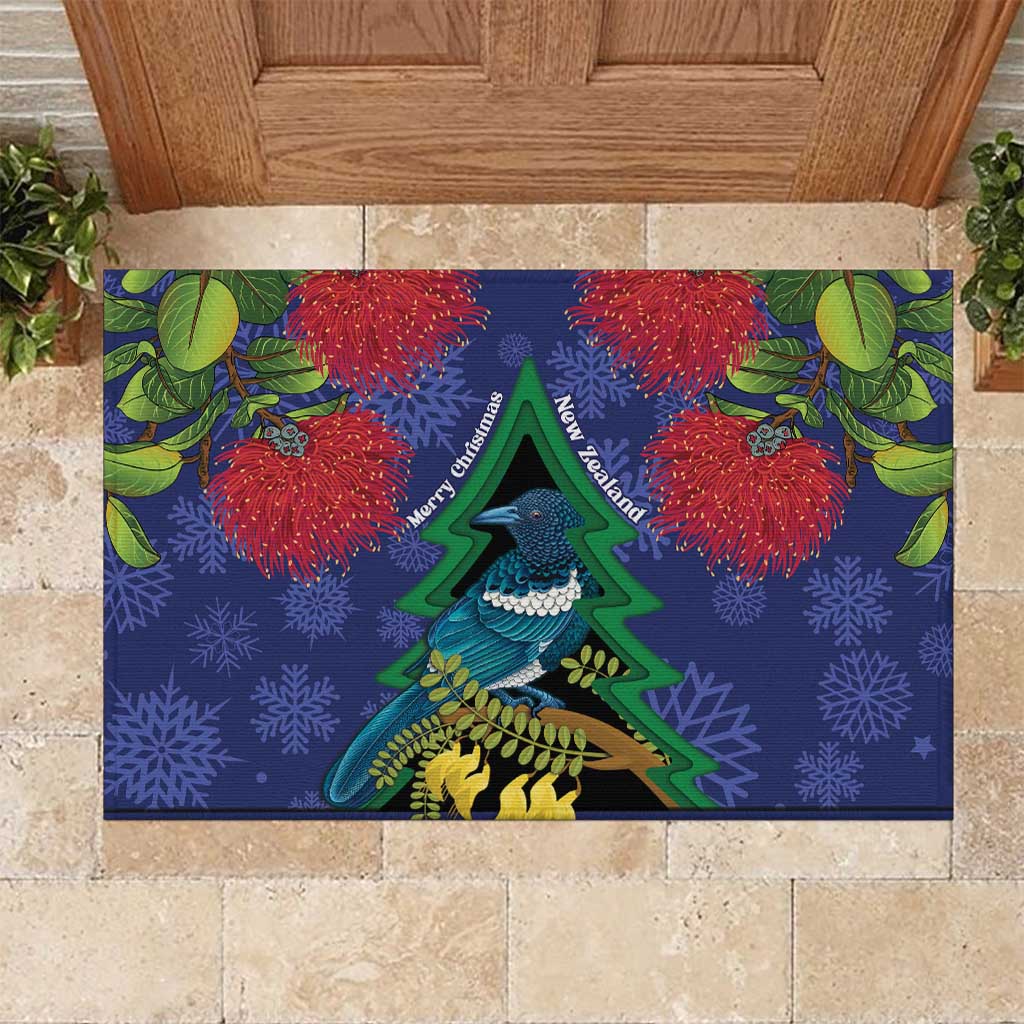 New Zealand Christmas In July Rubber Doormat Kowhai Tui Bird With Pohutukawa - Blue