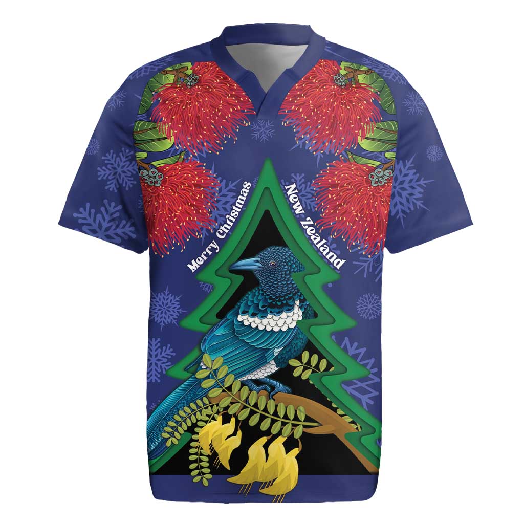 New Zealand Christmas In July Rugby Jersey Kowhai Tui Bird With Pohutukawa - Blue