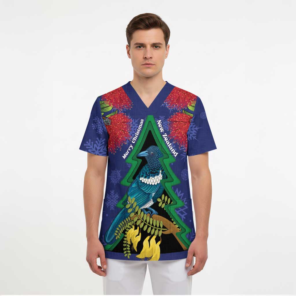 New Zealand Christmas In July Scrub Top Kowhai Tui Bird With Pohutukawa - Blue - Polynesian Pride