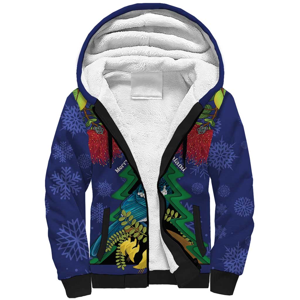 New Zealand Christmas In July Sherpa Hoodie Kowhai Tui Bird With Pohutukawa - Blue