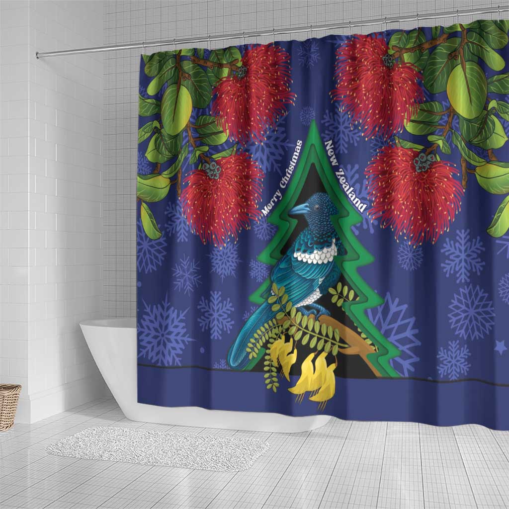 New Zealand Christmas In July Shower Curtain Kowhai Tui Bird With Pohutukawa - Blue