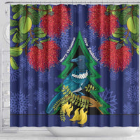 New Zealand Christmas In July Shower Curtain Kowhai Tui Bird With Pohutukawa - Blue