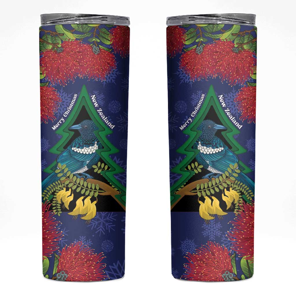 New Zealand Christmas In July Skinny Tumbler Kowhai Tui Bird With Pohutukawa - Blue