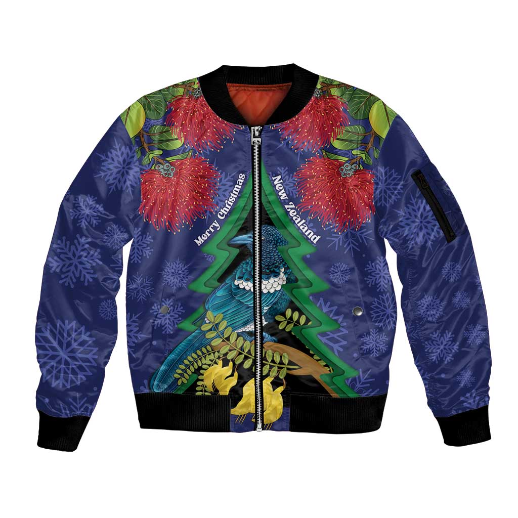 New Zealand Christmas In July Sleeve Zip Bomber Jacket Kowhai Tui Bird With Pohutukawa - Blue