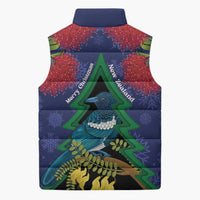 New Zealand Christmas In July Sleeveless Puffer Jacket Kowhai Tui Bird With Pohutukawa - Blue - Polynesian Pride