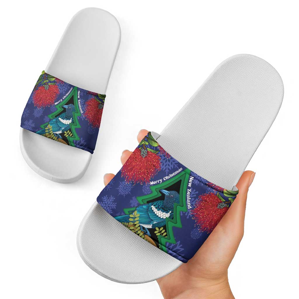 New Zealand Christmas In July Slide Sandals Kowhai Tui Bird With Pohutukawa - Blue - Polynesian Pride