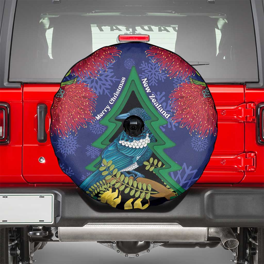 New Zealand Christmas In July Spare Tire Cover Kowhai Tui Bird With Pohutukawa - Blue