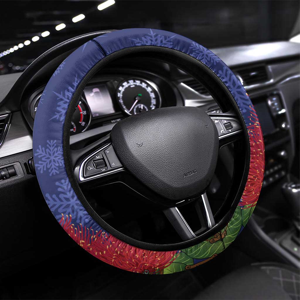 New Zealand Christmas In July Steering Wheel Cover Kowhai Tui Bird With Pohutukawa - Blue