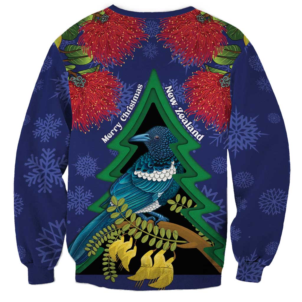 New Zealand Christmas In July Sweatshirt Kowhai Tui Bird With Pohutukawa - Blue
