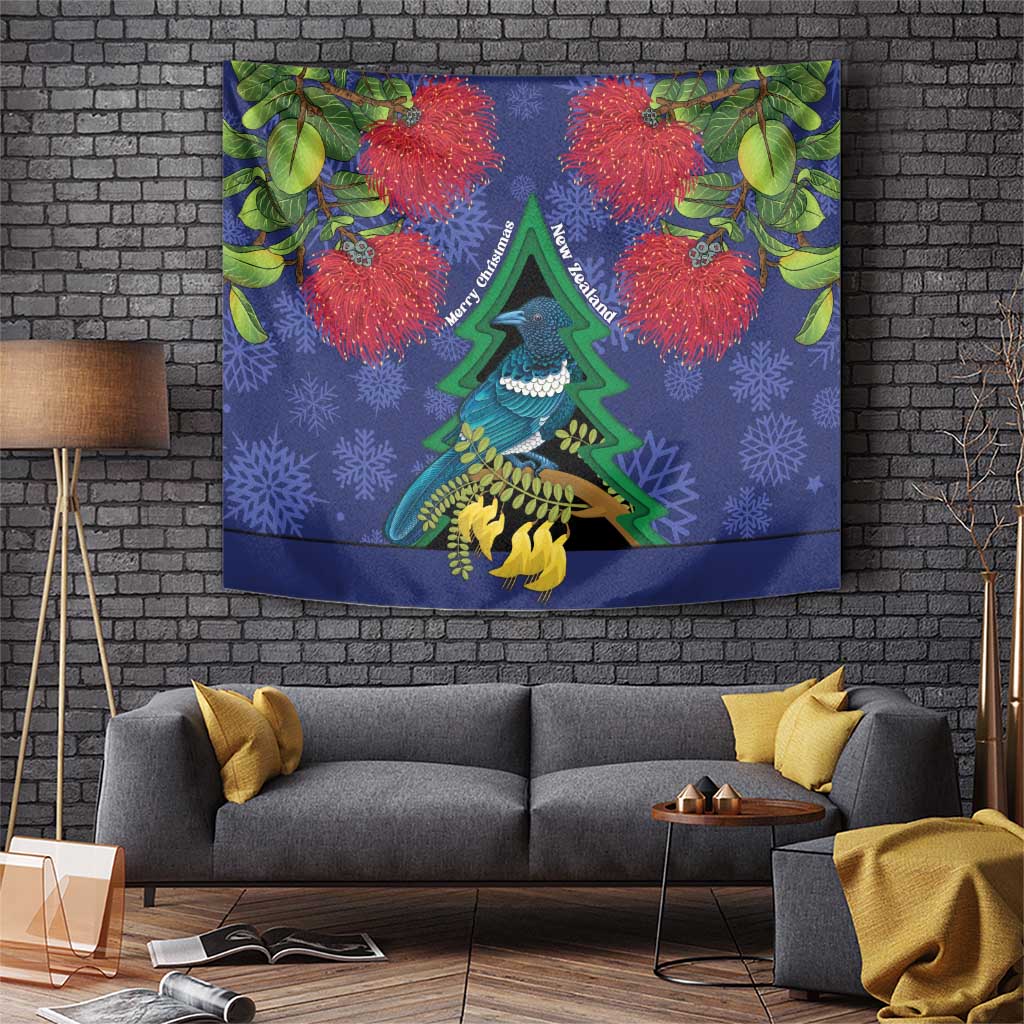 New Zealand Christmas In July Tapestry Kowhai Tui Bird With Pohutukawa - Blue