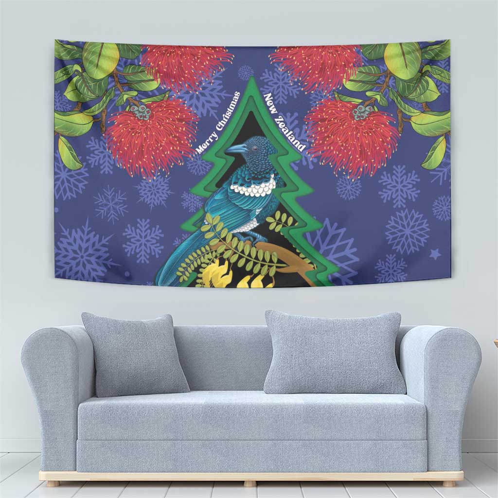 New Zealand Christmas In July Tapestry Kowhai Tui Bird With Pohutukawa - Blue