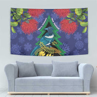 New Zealand Christmas In July Tapestry Kowhai Tui Bird With Pohutukawa - Blue