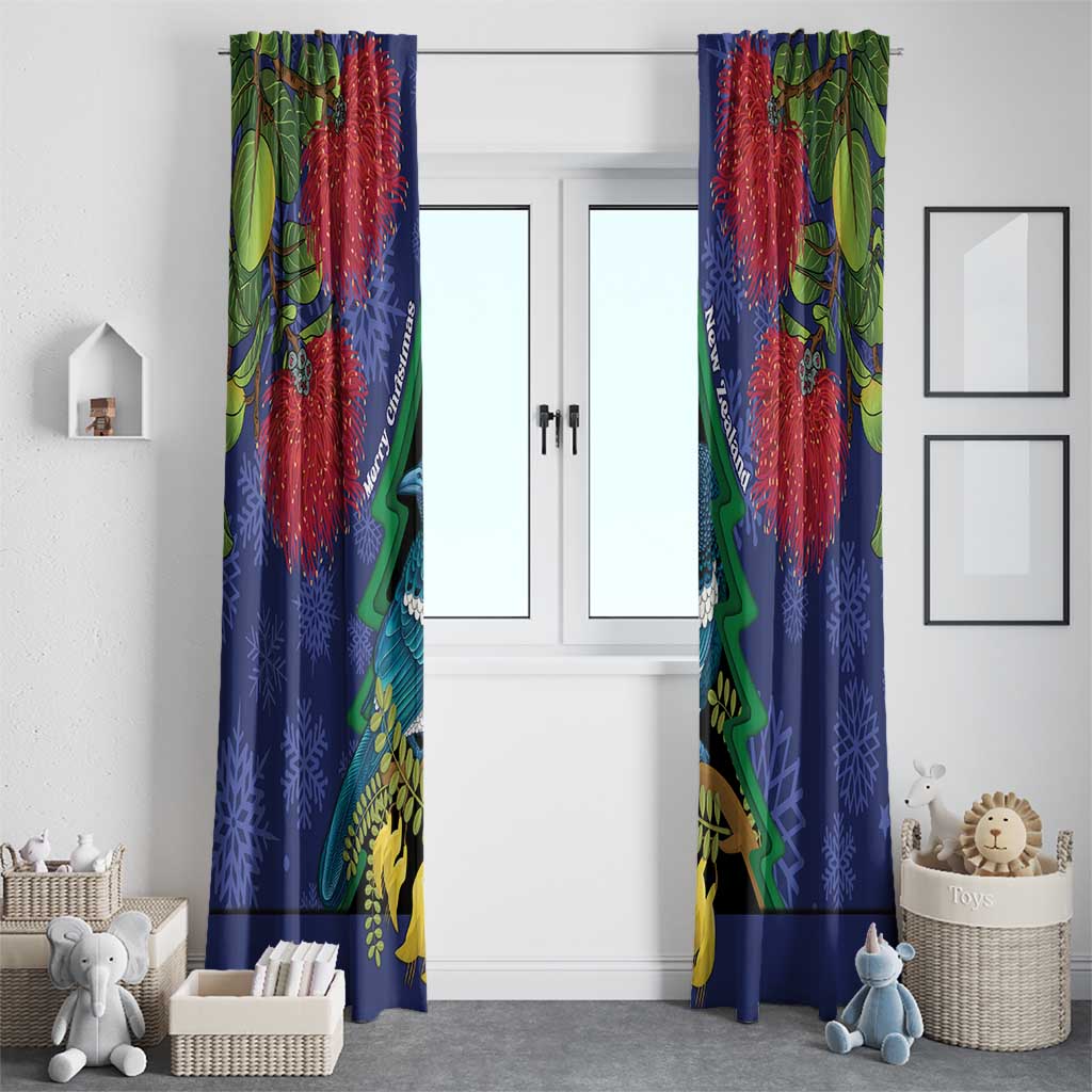 New Zealand Christmas In July Window Curtain Kowhai Tui Bird With Pohutukawa - Blue