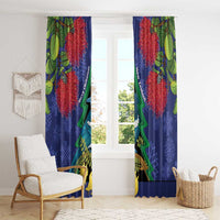 New Zealand Christmas In July Window Curtain Kowhai Tui Bird With Pohutukawa - Blue