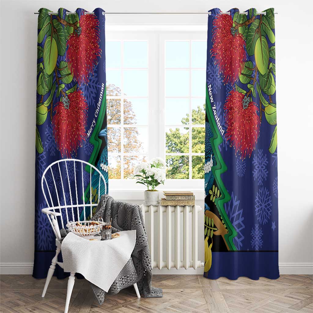 New Zealand Christmas In July Window Curtain Kowhai Tui Bird With Pohutukawa - Blue