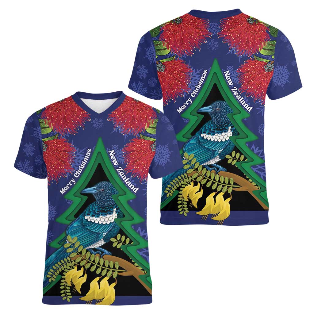 New Zealand Christmas In July Women V-Neck T-Shirt Kowhai Tui Bird With Pohutukawa - Blue