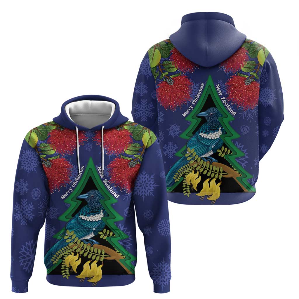 New Zealand Christmas In July Zip Hoodie Kowhai Tui Bird With Pohutukawa - Blue