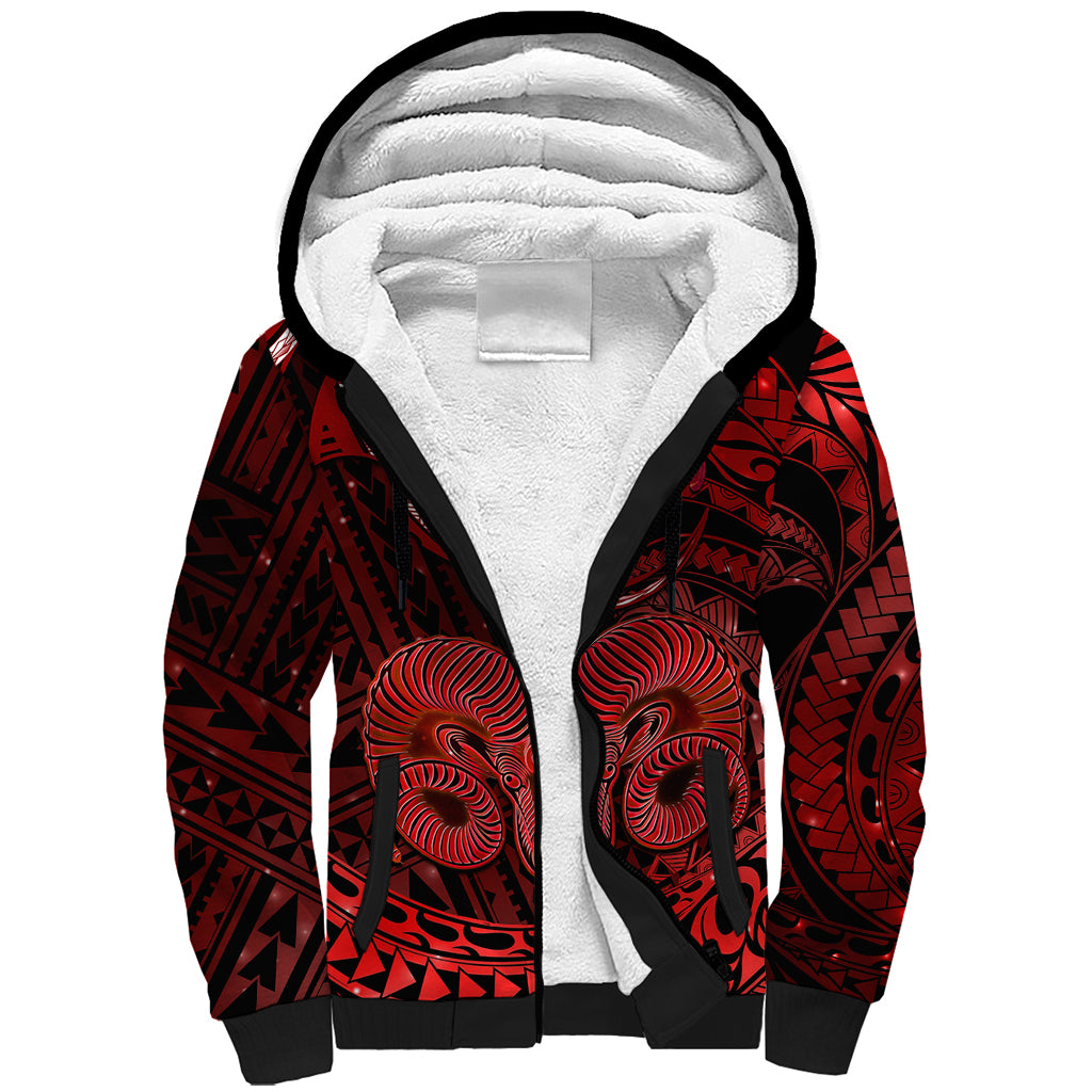 Polynesian Pride Aries Zodiac Sherpa Hoodie Astrological Sign Tribal Plumeria Red Galaxy LT14 Unisex Red - Polynesian Pride