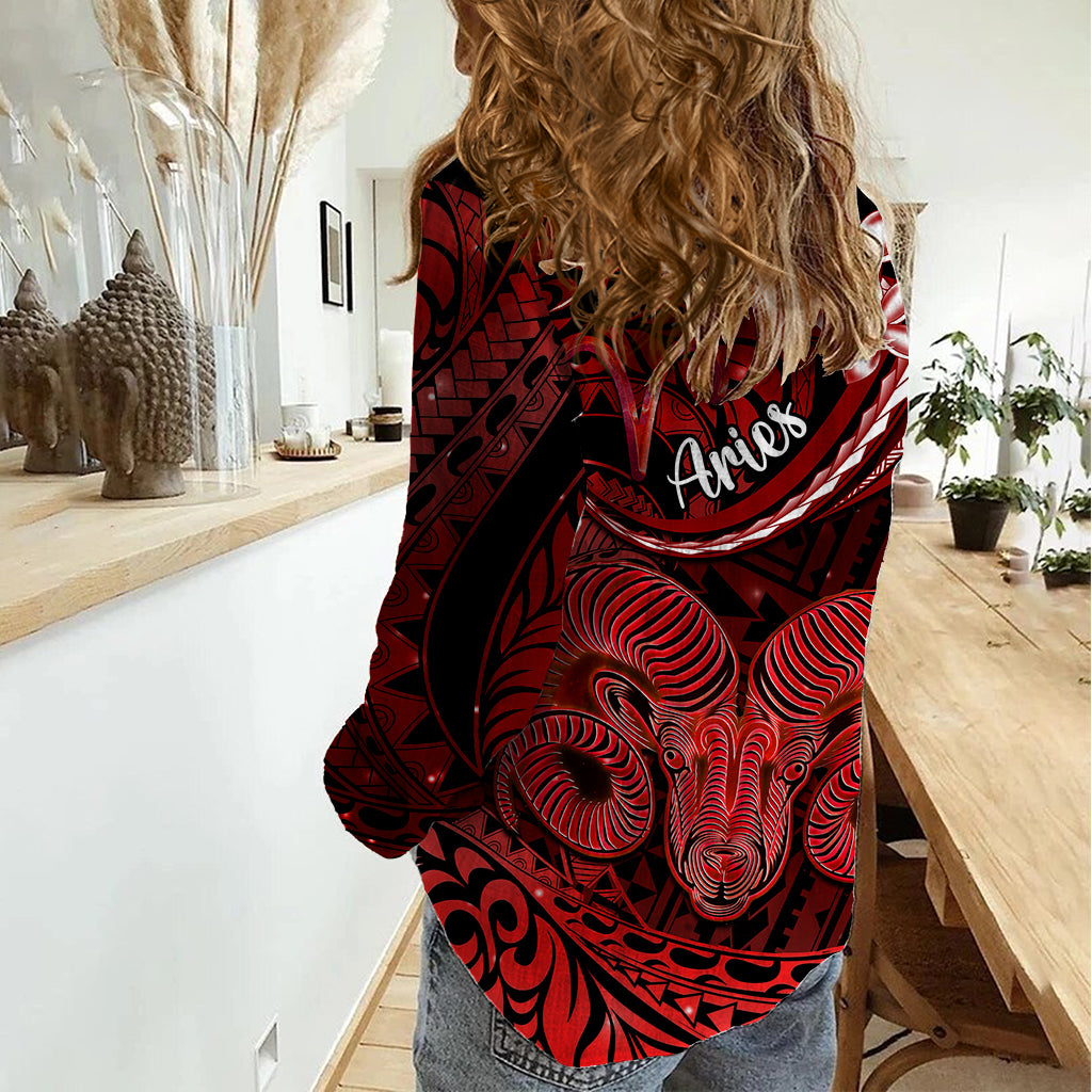 Polynesian Pride Aries Zodiac Women Casual Shirt Astrological Sign Tribal Plumeria Red Galaxy LT14 - Polynesian Pride
