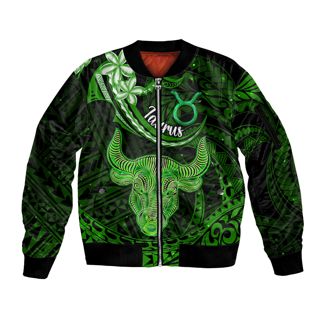 Polynesian Pride Taurus Zodiac Sleeve Zip Bomber Jacket Astrological Sign Tribal Plumeria Green Galaxy LT14 Unisex Green - Polynesian Pride