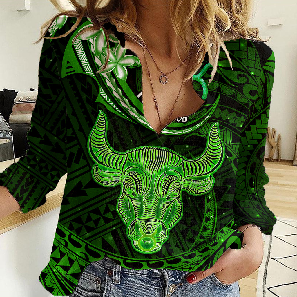 Polynesian Pride Taurus Zodiac Women Casual Shirt Astrological Sign Tribal Plumeria Green Galaxy LT14 Female Green - Polynesian Pride