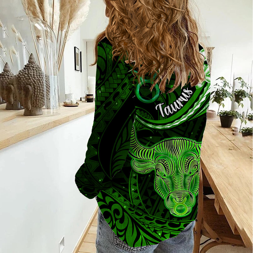 Polynesian Pride Taurus Zodiac Women Casual Shirt Astrological Sign Tribal Plumeria Green Galaxy LT14 - Polynesian Pride