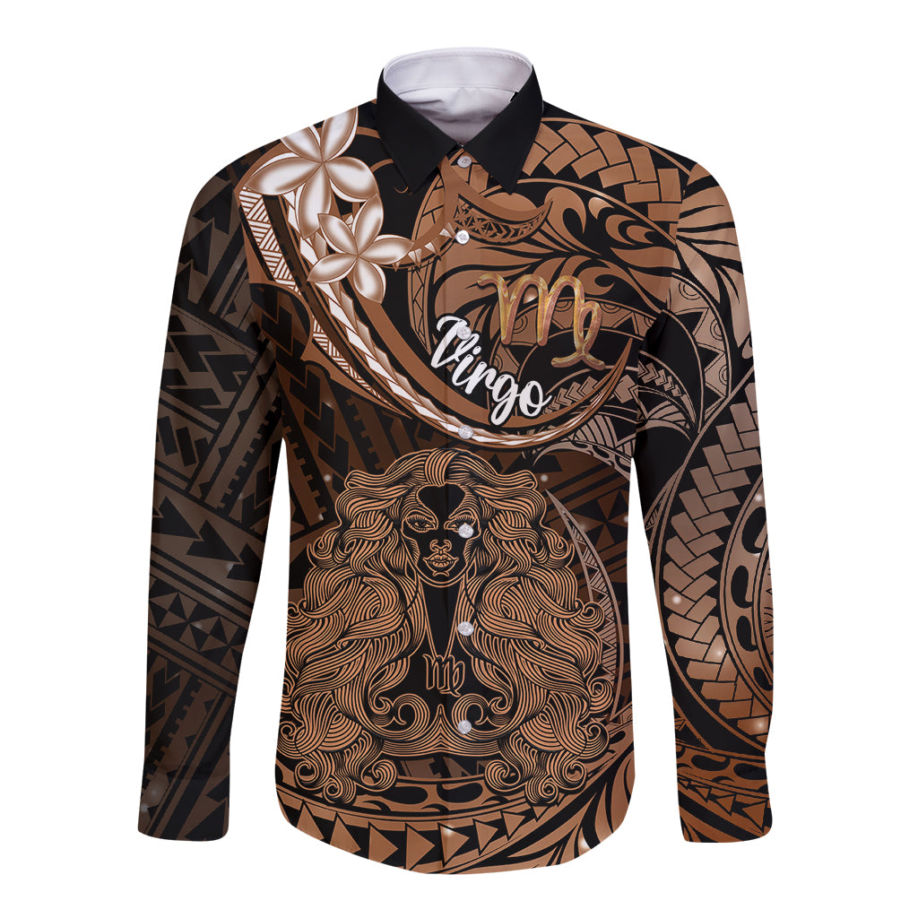 Polynesian Pride Virgo Zodiac Long Sleeve Button Shirt Astrological Sign Tribal Plumeria Brown Galaxy LT14 Unisex Brown - Polynesian Pride