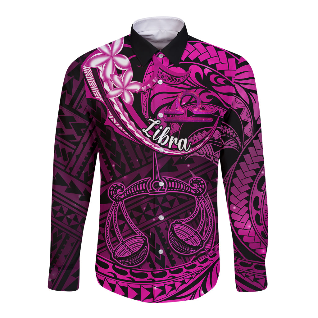 Polynesian Pride Libra Zodiac Long Sleeve Button Shirt Astrological Sign Tribal Plumeria Pink Galaxy LT14 Unisex Pink - Polynesian Pride