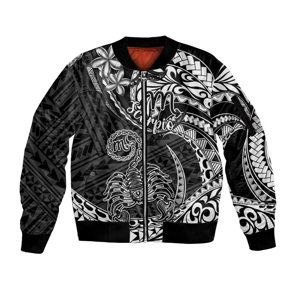 Polynesian Pride Scorpio Zodiac Sleeve Zip Bomber Jacket Astrological Sign Tribal Plumeria Black LT14 Unisex Black - Polynesian Pride