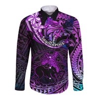 Polynesian Pride Sagittarius Zodiac Long Sleeve Button Shirt Astrological Sign Tribal Plumeria Purple Galaxy LT14 Unisex Purple - Polynesian Pride