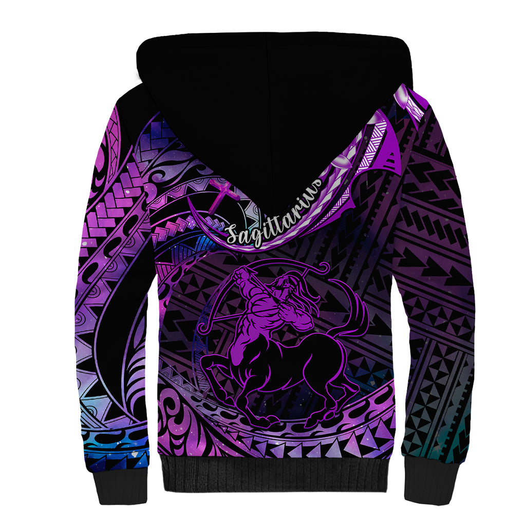 Polynesian Pride Sagittarius Zodiac Sherpa Hoodie Astrological Sign Tribal Plumeria Purple Galaxy LT14 - Polynesian Pride
