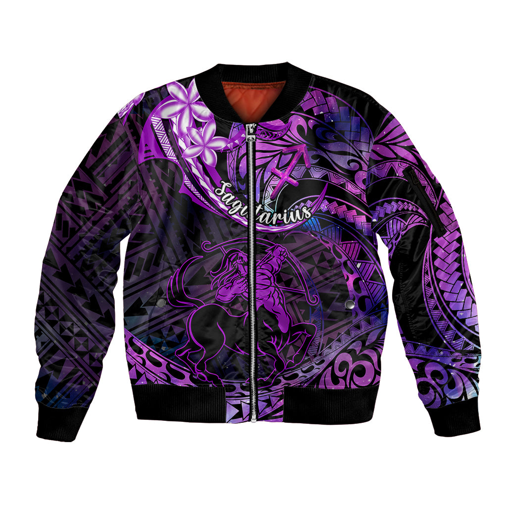 Polynesian Pride Sagittarius Zodiac Sleeve Zip Bomber Jacket Astrological Sign Tribal Plumeria Purple Galaxy LT14 Unisex Purple - Polynesian Pride