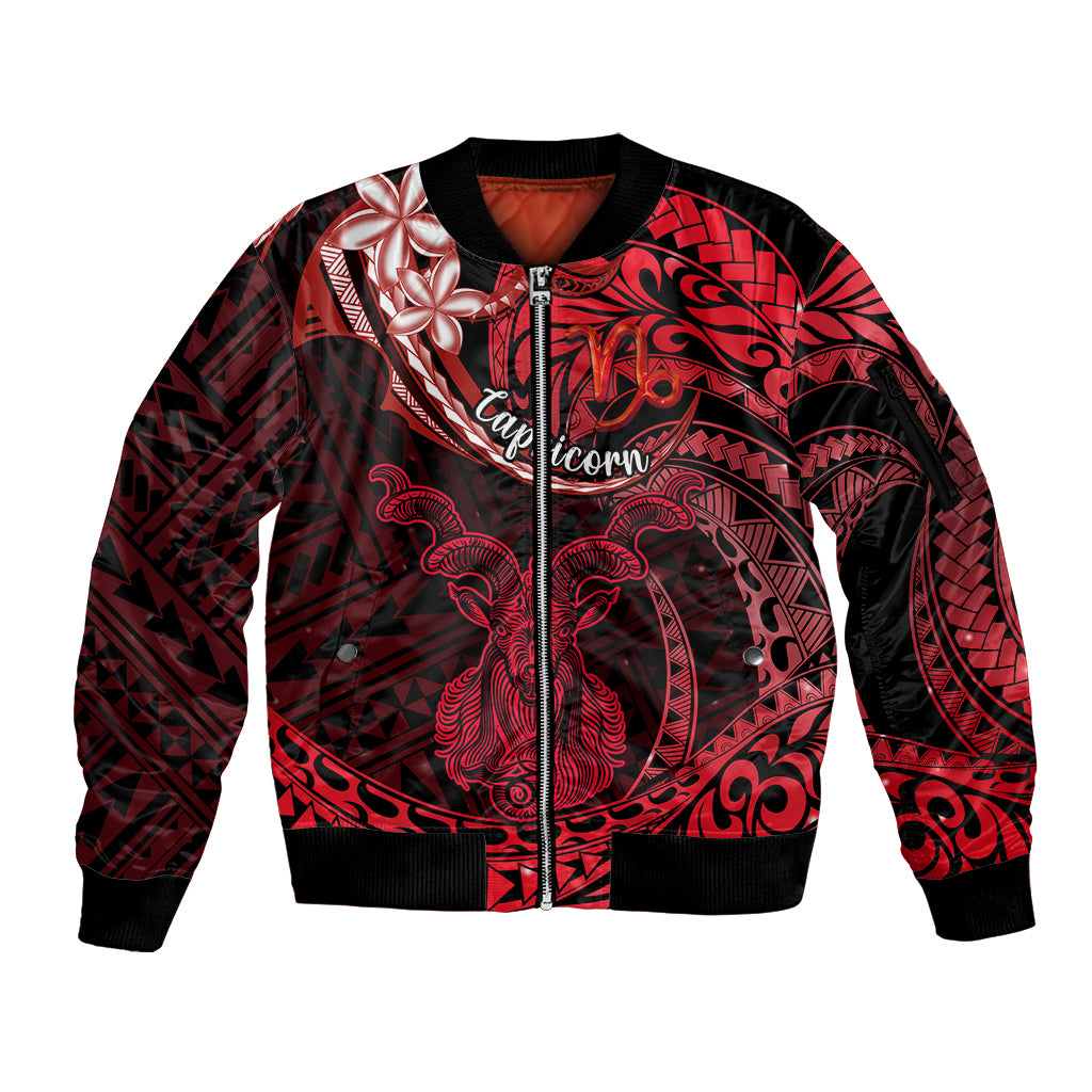 Polynesian Pride Capricorn Zodiac Sleeve Zip Bomber Jacket Astrological Sign Tribal Plumeria Red Galaxy LT14 Unisex Red - Polynesian Pride