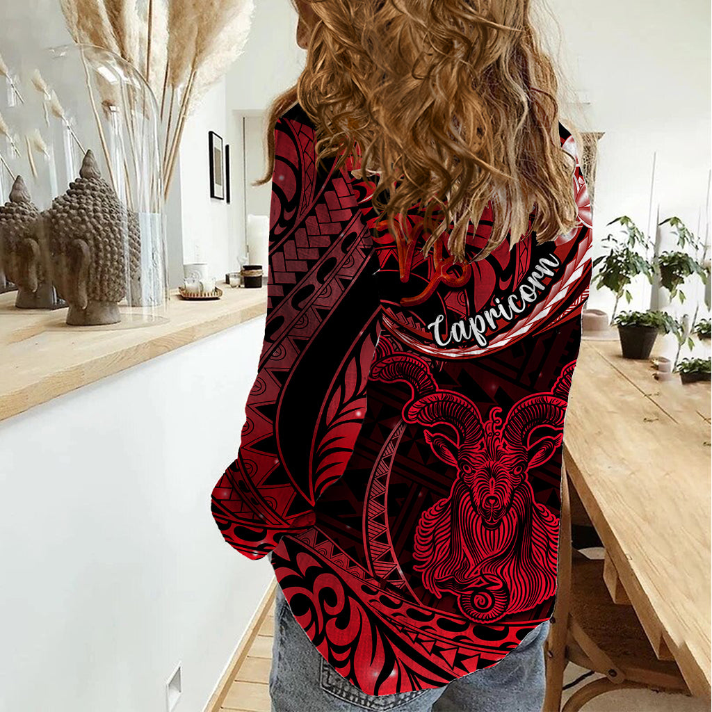 Polynesian Pride Capricorn Zodiac Women Casual Shirt Astrological Sign Tribal Plumeria Red Galaxy LT14 - Polynesian Pride