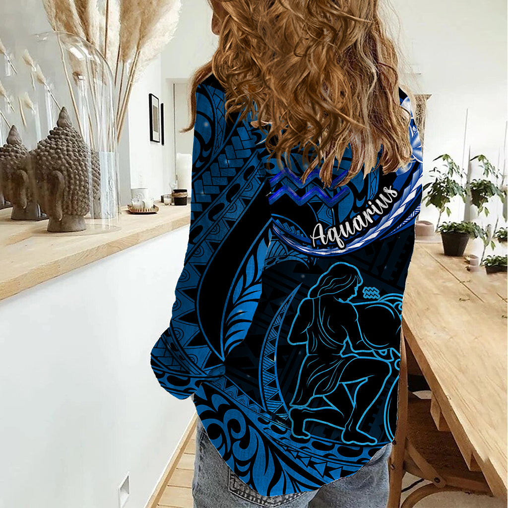 Polynesian Pride Aquarius Zodiac Women Casual Shirt Astrological Sign Tribal Plumeria Blue Galaxy LT14 - Polynesian Pride