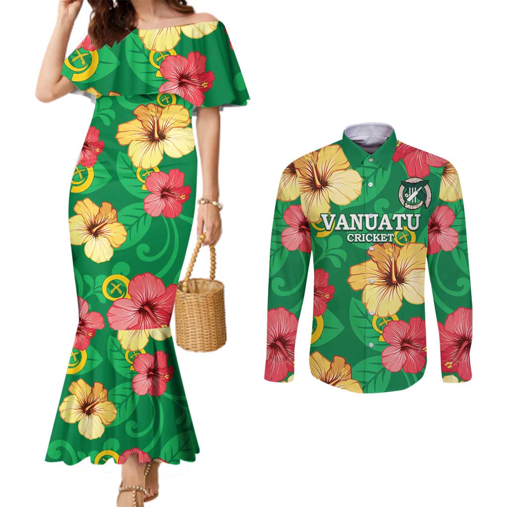 Custom Vanuatu Cricket Couples Matching Mermaid Dress and Long Sleeve Button Shirt 2024 Tropical Flowers Version