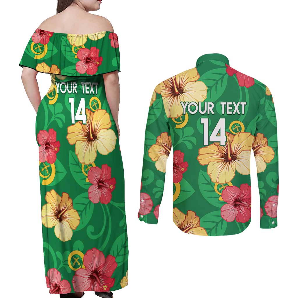 Custom Vanuatu Cricket Couples Matching Off Shoulder Maxi Dress and Long Sleeve Button Shirt 2024 Tropical Flowers Version