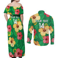 Custom Vanuatu Cricket Couples Matching Off Shoulder Maxi Dress and Long Sleeve Button Shirt 2024 Tropical Flowers Version