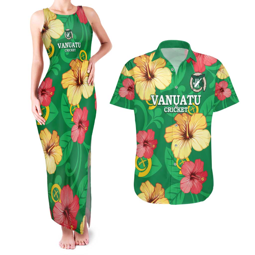 Custom Vanuatu Cricket Couples Matching Tank Maxi Dress and Hawaiian Shirt 2024 Tropical Flowers Version