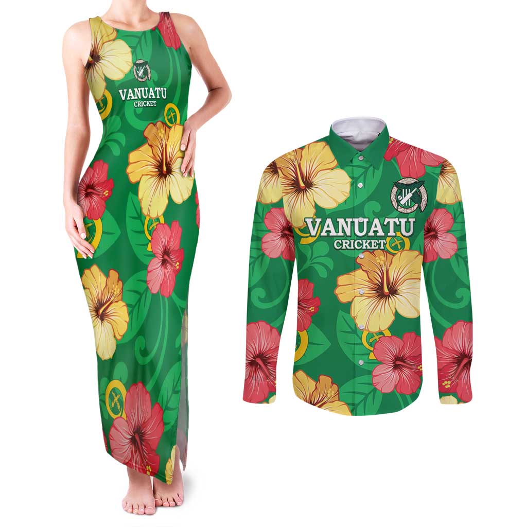 Custom Vanuatu Cricket Couples Matching Tank Maxi Dress and Long Sleeve Button Shirt 2024 Tropical Flowers Version