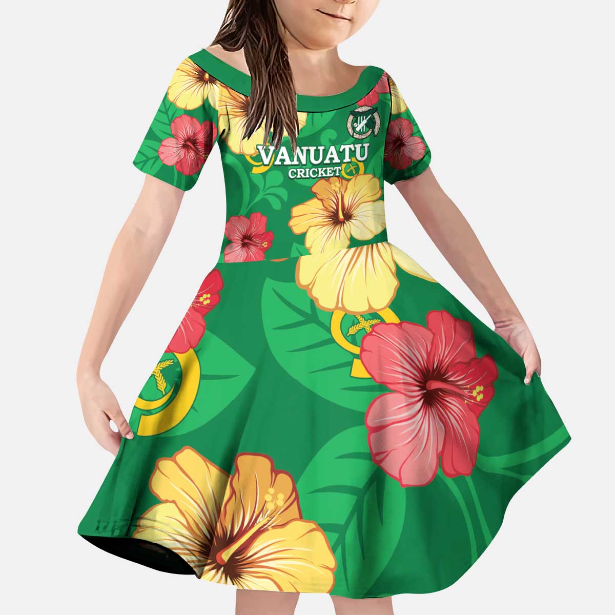 Custom Vanuatu Cricket Kid Short Sleeve Dress 2024 Tropical Flowers Version LT14 KID Green - Polynesian Pride